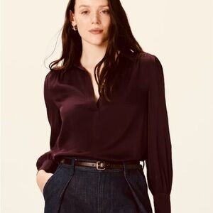 NWT Quince Washable Stretch Silk Notch Collar Button Down Blouse Purple Small